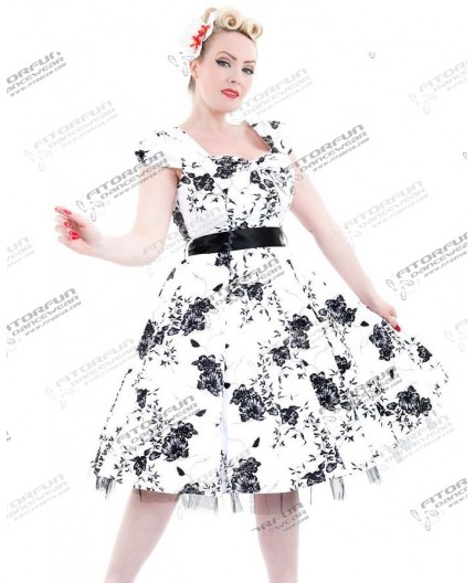 50's Kleid mit Blumendruck weiß/schwarz